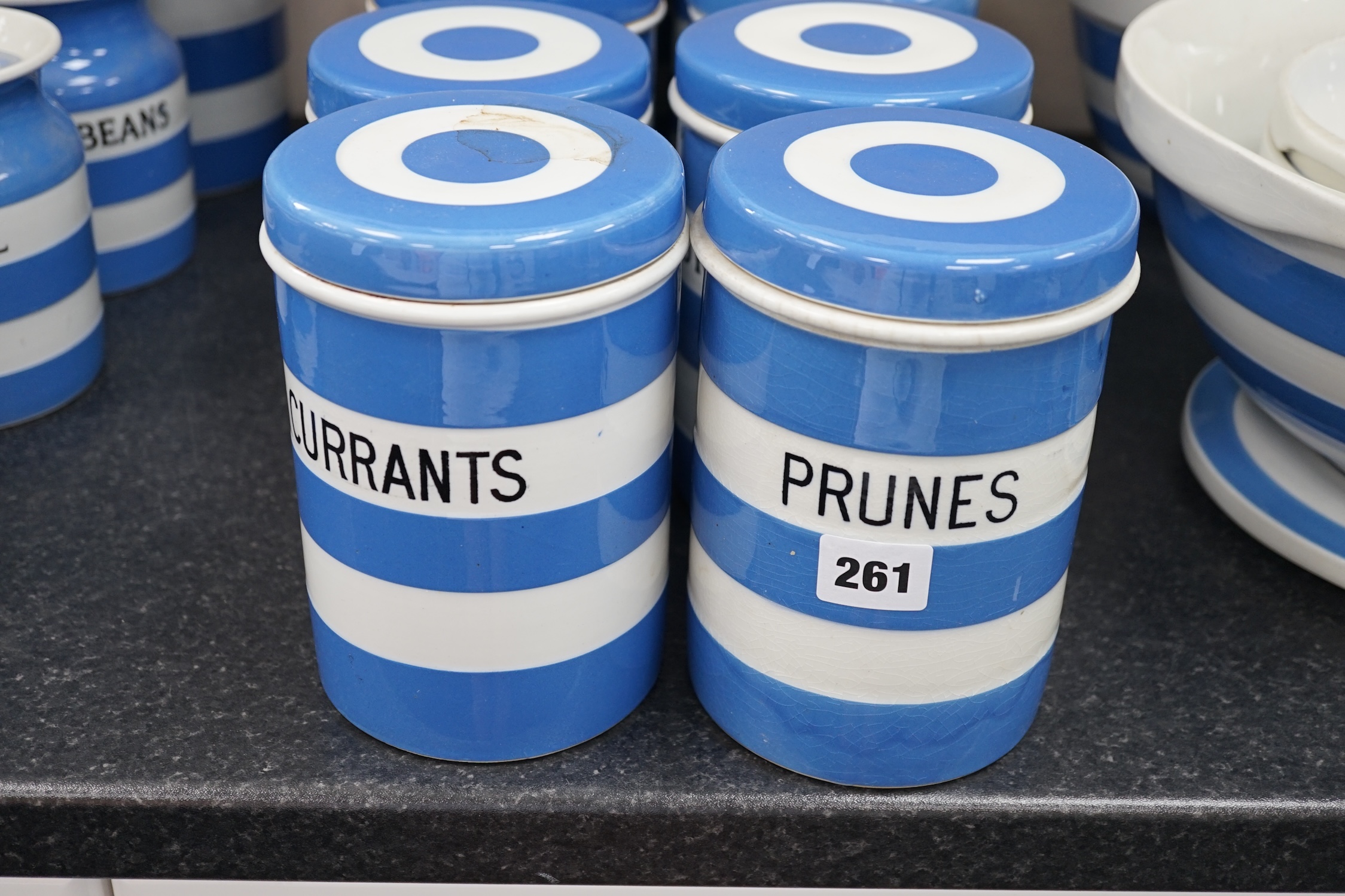 T.G.Green Cornish Kitchenware, ten 17.5cm lidded storage jars to include Prunes, Candied Peel, Loaf Sugar and Ground Rice, Green Church marks. Condition - fair to good